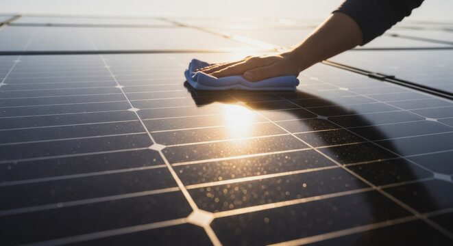 Hand cleaning solar panel surface with a blue cloth to optimize efficiency, capturing a warm sunset glow.