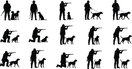 Collection of hunter silhouettes with dogs, men shooting rifles, kneeling hunters with hounds, outdoor bird hunting sports, vector hunting elements, (20 words) © Mehedi