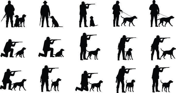 Collection of hunter silhouettes with dogs, men shooting rifles, kneeling hunters with hounds, outdoor bird hunting sports, vector hunting elements, (20 words)