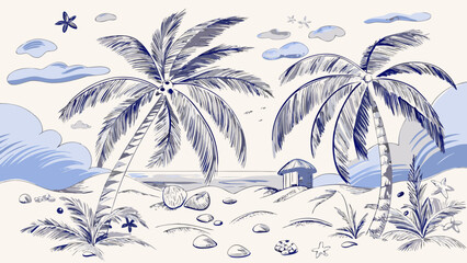 Obraz premium A serene tropical beach scene with palm trees and blue hues