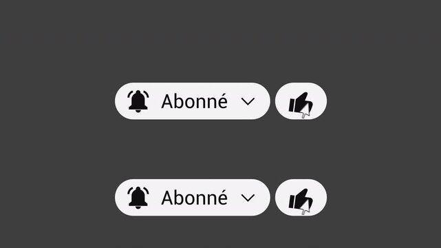 French Subscribe Button Pack - Like and Notification Bell Icons - 4K Alpha. After subscription, bell and like icons appear and are clicked. Includes red and black button versions.