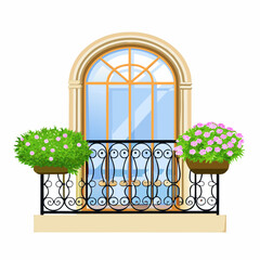 Fototapeta premium An ornate arched window with flower boxes on a balcony