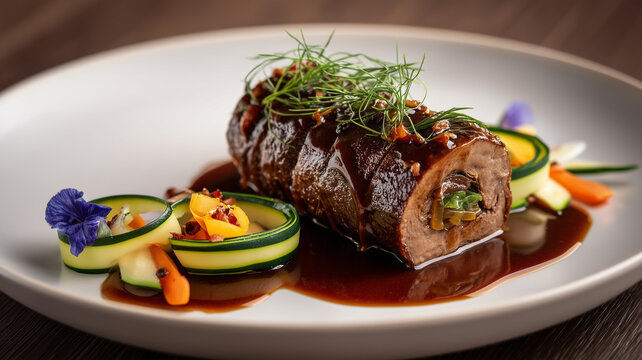 A classic beef roulade stuffed with bacon and onions, served with a rich red wine reduction, elegant zucchini ribbons, and edible flower garnishes.