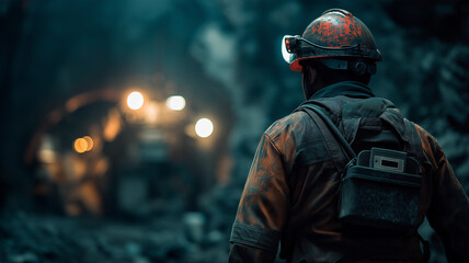 Naklejka premium A professional coal miner wearing a dusty hard hat with a headlamp and safety gear stands in a dark, atmospheric underground mine shaft with industrial equipment in the blurred background.