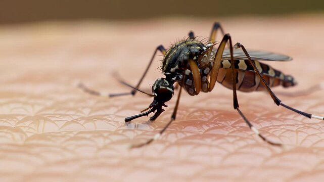 Macro shot of a mosquito biting human skin highlighting the insect s proboscis and demonstrating disease transmission risks in a close-up view