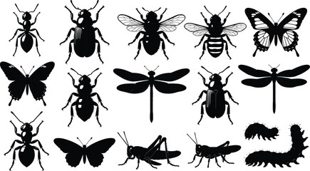 Fototapeta premium Insect silhouettes collection featuring beetle, bee, butterfly, dragonfly, ant and caterpillar isolated on white background entomology illustration set.