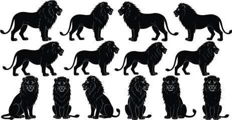 Lion silhouettes collection in standing and sitting poses isolated on white background wildlife animal illustration set. © SAJEB