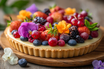 Fresh fruit tart with berries and edible flowers on wooden board