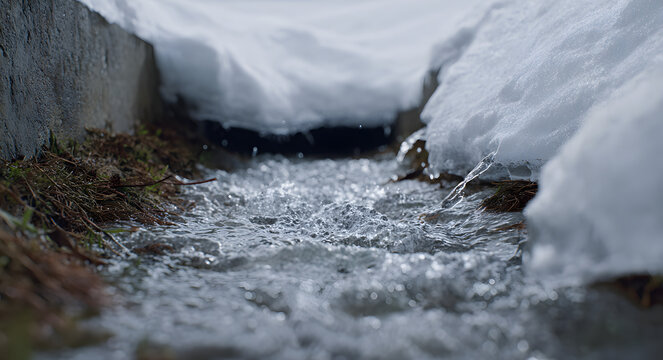 A story about the flow of water from underneath snow into a drain. Melting snow in winter and the concept of spring thawing in cold weather.