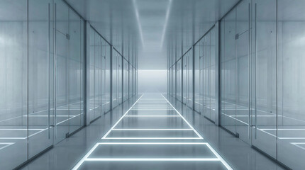 Obraz premium Futuristic data center corridor with glass walls and neon floor lighting in cool blue.