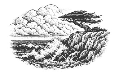 Naklejka premium Vintage Woodcut Vector Illustration of a Rugged Ocean Cliff with a Lone Cypress Tree Facing Crashing Waves and Dramatic Clouds in Engraving Style.