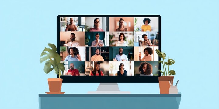 Group video call with multiple participants sharing ideas during an online meeting