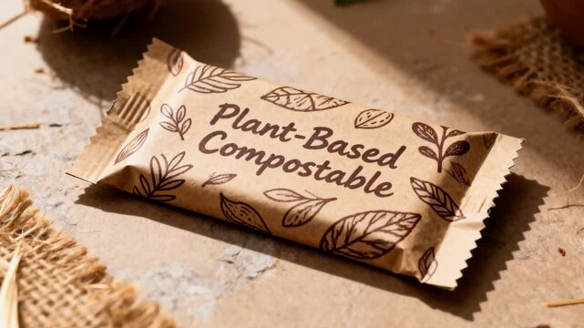 Medium shot featuring paperlaminate compostable chocolate wrappers blending rustic paper texture with ecoconscious design perfect for plantbased film packets in a cozy setting.