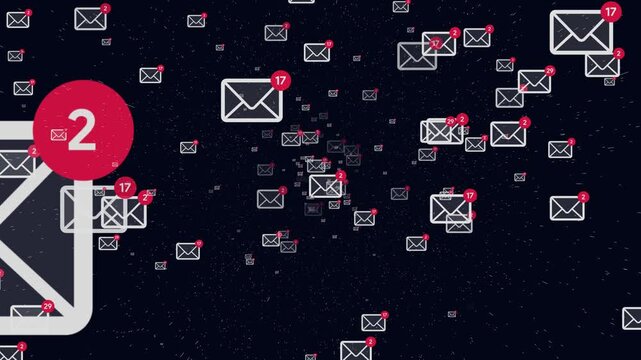 3d animation of flying through a space tunnel filled with unread email envelopes with red notification counters and stars. glowing stars in the background. spam, inbox overload and universe of data 