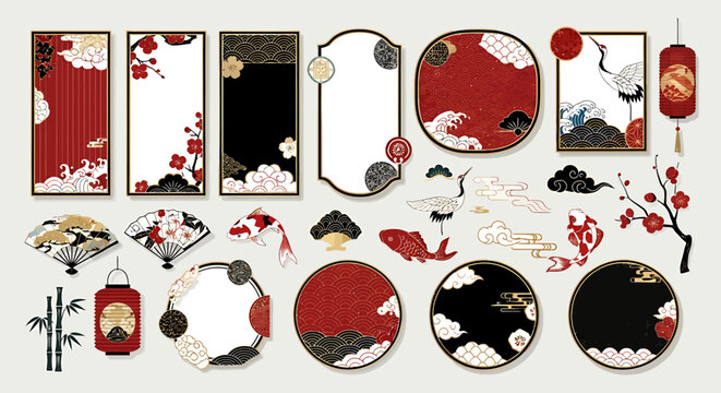 Collection of ornate oriental frames and decorative elements in traditional Japanese and Chinese style, featuring floral motifs and auspicious symbols