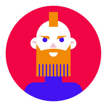 Modern flat vector illustration of a stylized man with an orange mohawk and a geometric striped beard inside a red circle. Perfect for user avatars, profile pictures, hipster, barbershop logo
