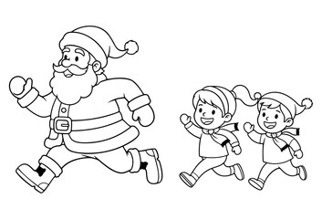 Fototapeta premium Santa Claus Running with Two Children - Christmas Vector Illustration