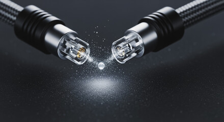 Fiber optic cables emitting sparkling data particles, illustrating high-speed internet connectivity and digital technology concepts against a dark background.