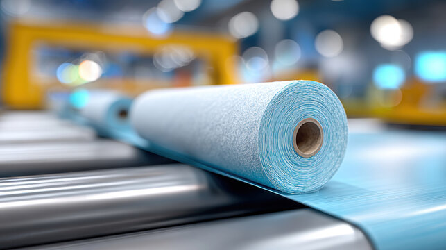 Industrial paper production line with large roll on conveyor for printing plant background and manufacturing process banner design