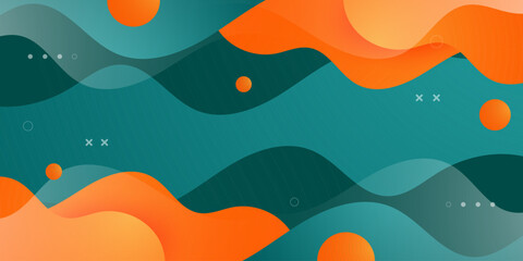 Abstract colorful green and orange wave fluid shapes pattern background. Simple and trendy banner style element concept design.