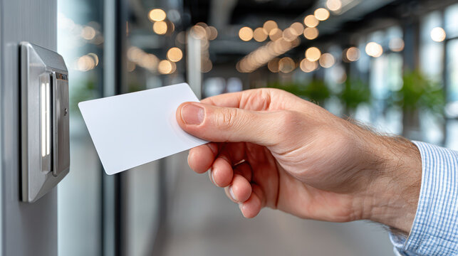 Wall mounted key card reader on white plastic panel for office access background and security badge entry system banner