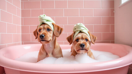 Two adorable puppies with towels on heads sit in pink bathtub with bubbles, playful and cute, pink tile wall, indoor pet spa scene