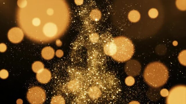 Dynamic Golden Sparkle Burst. Abstract bright particles explode upward with soft orange bokeh, suitable for celebration overlays or elegant title sequences.