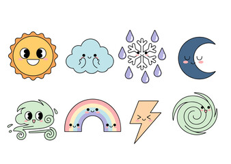 Fototapeta premium Cute weather character icons with happy faces including sun cloud snowflake moon wind rainbow lightning and tornado for children education
