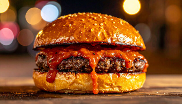 Turkish islak burger soaked in garlicky tomato sauce, juicy beef patty, urban street food. Tasty snack.