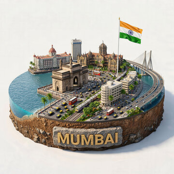 India Mumbai miniature isometric diorama. Gateway Monument, Taj Mahal Palace Hotel, Chhatrapati Shivaji Maharaj Terminus, Bandra Worli Sea Link. Cultural heritage tourism architecture landmark