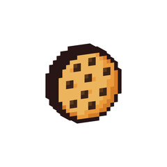 3D isometric pixel art chocolate chip cookie 8 bit vector icon for computer game, logo