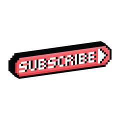 3D isometric pixel art subscribe button 8 bit vector icon for computer game, logo