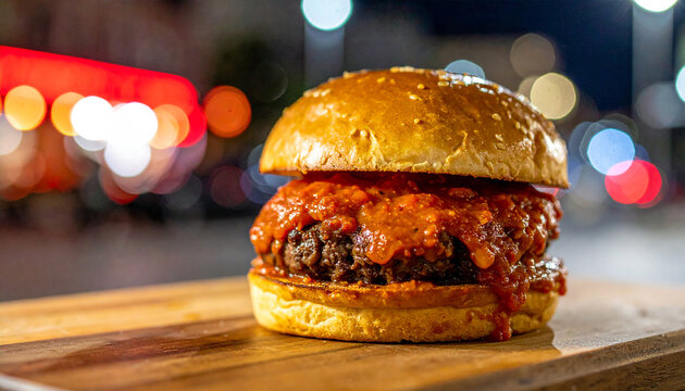 Turkish islak burger soaked in garlicky tomato sauce, juicy beef patty, urban street food. Tasty snack.
