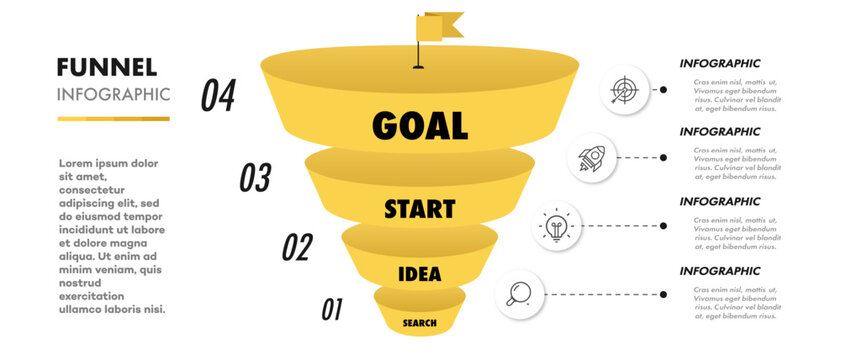 Infographic funnel diagram i3d isometric 4 options, parts or level with business icon for marketing; workflow layout; timelines; processing; apps; webdesign; presentation; banner