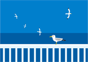 青い空と海の水平線とカモメのイラスト