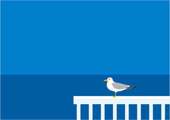 青い空と海の水平線とカモメのイラスト