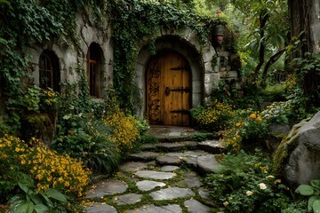 Fototapeta premium Charming secret garden wooden door covered in ivy and climbing yellow flowers has a stone pathway leading to the entrance with soft lighting.