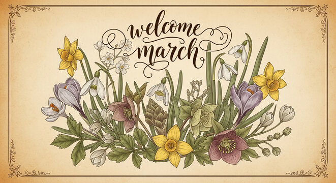 Hand drawn welcome march floral bouquet illustration vintage watercolor spring flowers
