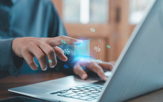 tax, interest rate, and accounting budget planning concept, Business person typing on laptop and touching virtual calculator with percentage icons, ROI Return on Investment KPI and Corporate finance