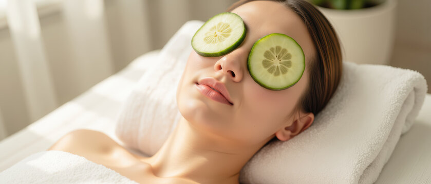 Woman spa cucumber relaxation skincare beauty wellness facial serene healthy skin rejuvenation lying down peaceful pampering self care natural