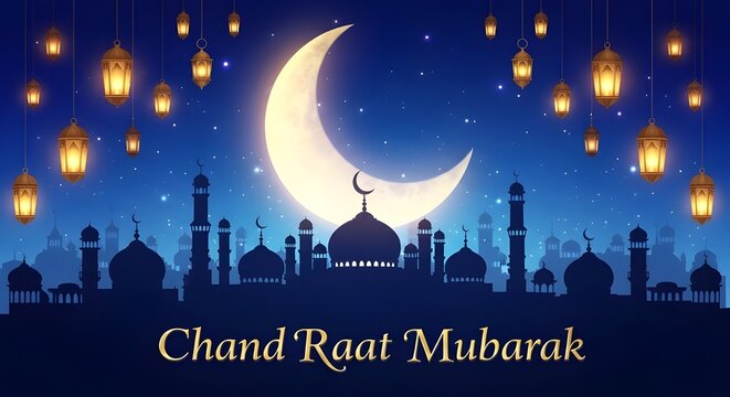 Glowing Crescent Moon with Starry Night Sky, Hanging Lanterns, Radiant Mosque Silhouette, and Elegant Gold Script Celebrating Chand Raat Mubarak 2026 with Joy, Blessings, and Spiritual Harmony