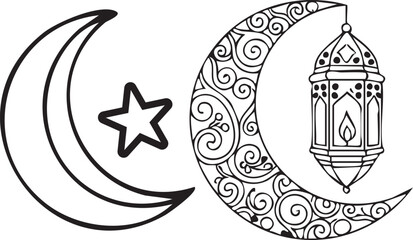 Elegant Eid Mubarak Calligraphy Vector with Crescent Moon and Islamic Lantern Line Art Illustration