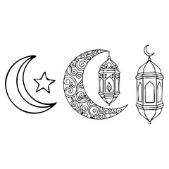 Elegant Eid Mubarak Calligraphy Vector with Crescent Moon and Islamic Lantern Line Art Illustration
