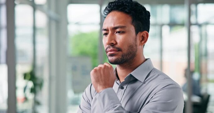 Thinking, business and man with ideas in office for real estate, problem solving and property plan. Thoughts, male realtor and reflection for auction, listing solution and opportunity of renovation