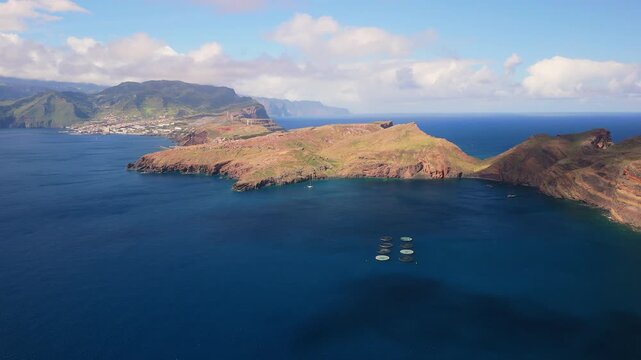 Aerial View of Coastline with Fish Farms and Atlantic Ocean, Madeira Island Portugal