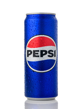 Gaziveren ,Cyprus 09.16.2025 Cold Pepsi can with condensation and water droplets on white background