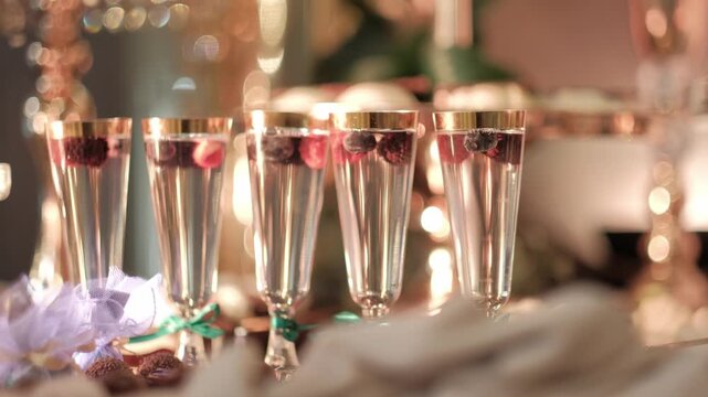 Row of elegant champagne flutes filled with clear liquid and floating berries at a celebratory event. Static close up.