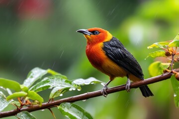 Vibrant Bird of Paradise Perched on a Branch During a Gentle Rainfall