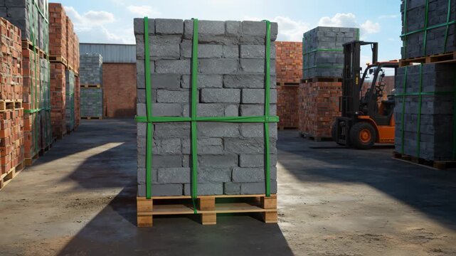 Building materials stacked in warehouse with forklift transporting bricks and blocks