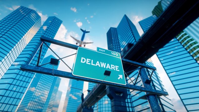 Delaware Road Sign, Modern City and Airplane Landing